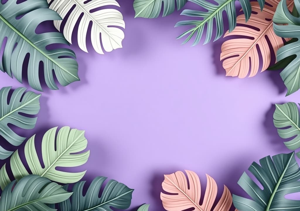  pastel tropical leaves on a purple background with copy space image