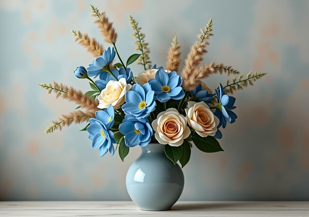  a still life featuring a vase of blue and beige flowers against a textured wall.