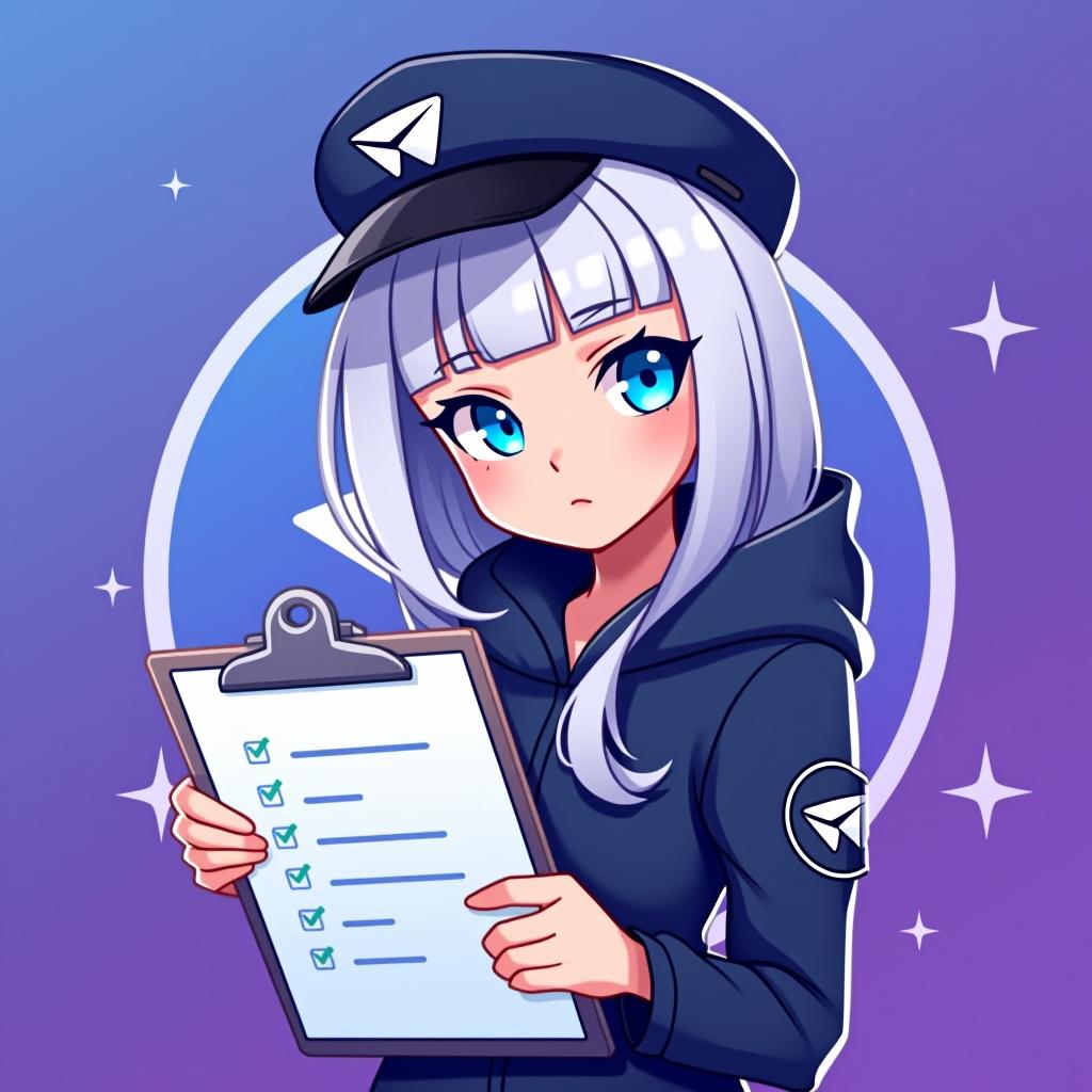  good quality, high quality, a profile picture for a telegram group management bot featuring emilia from re:zero. emilia is depicted with her silver hair and blue eyes, with hat, holding a stylized clipboard with a checklist. the background is a soft gradient of telegram logo purple and blue, symbolizing efficiency and organization. the telegram iconic logo is subtly integrated into the background, starting small near emilia and gradually growing in size and brightness as it moves outward, blending smoothly with the gradient color, checklist in "admin" "group safety" "ai features" "antisytem"