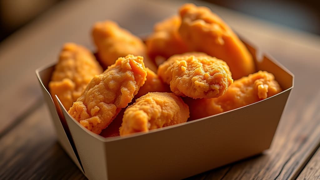  fresh hot chicken tenders or wings in takeaway container, ready to serve