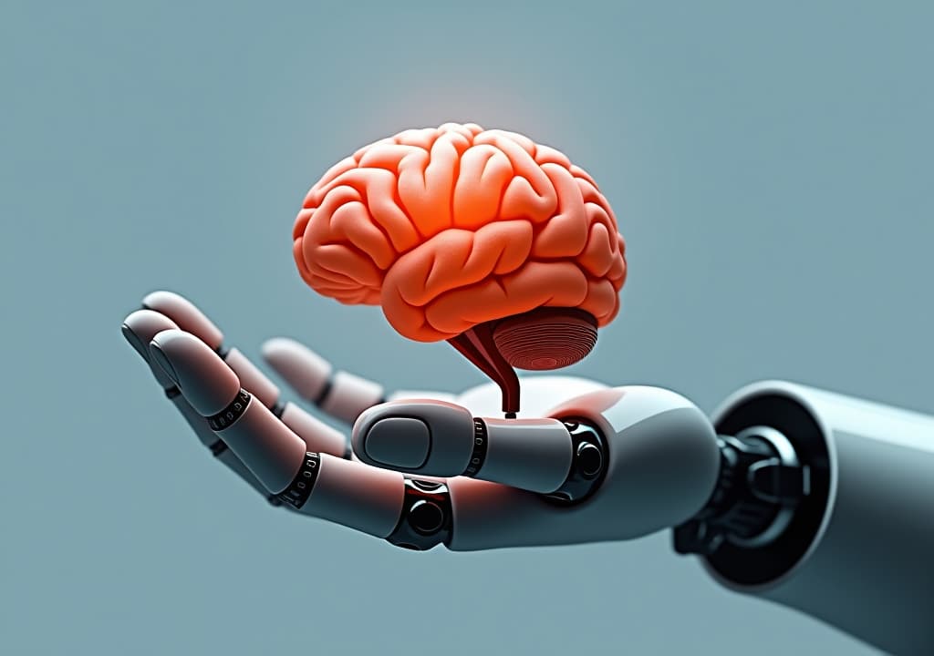  human brain in the hand of a robot. concept of artificial intelligence or machine learning.