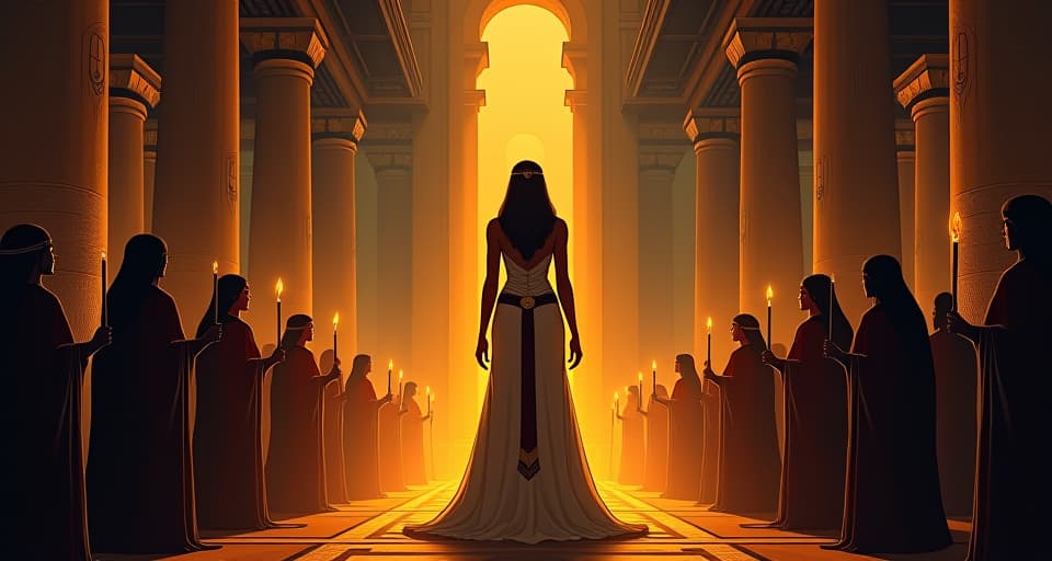  an ancient hall with tall columns, lit by torchlight, a large busted goddess in a luxurious gown, speaking softly to a group of followers, symbolizing truth and openness.. the style is digital art illustration / modern comic book / mysterious occult, symbolic, esoteric vibe,high detail on character design, incorporating ancient egyptian symbology and attire.