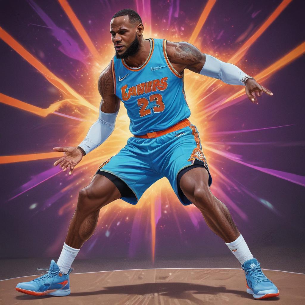 distance-shot, flashy, full-body, dynamic, holographic, animated cartoon poster of lebron james in the style of dragon ball super