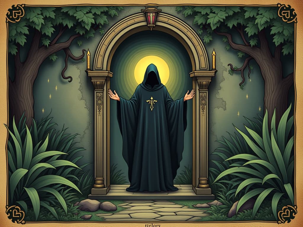  person standing in a doorway, guardian like presence, surrounded by healthy plants, atmosphere of protection and care, aura of strength, serene environment. an illustration in the style of a worn, mystical old tarot trump card, mysterious and elements of surrealism. the colors are muted, somber and eerie, but with contrast bring out an occult and esoteric vibe.