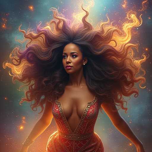  **prompt:** in a magical, otherworldly realm, envision kamala harris adorned with the legendary hair of donald trump. trump's hair cascades around her in a mesmerizing display of opulence and grandeur. the hair, a symbol of power and extravagance, glows with an otherworldly sheen, weaving a tale of surreal beauty. surrounding kamala harris are vibrant colors, mythical creatures dancing in the ethereal landscapes, and an atmosphere filled with wonder and enchantment. let the impossible feel possible as this fusion of personalities creates a captivating and dreamlike scene. **style:** the artistic style blends surrealism with fantasy elements, emphasizing vivid colors, intricate details, and a dreamy atmosphere. incorporate mythical hyperrealistic, full body, detailed clothing, highly detailed, cinematic lighting, stunningly beautiful, intricate, sharp focus, f/1. 8, 85mm, (centered image composition), (professionally color graded), ((bright soft diffused light)), volumetric fog, trending on instagram, trending on tumblr, HDR 4K, 8K