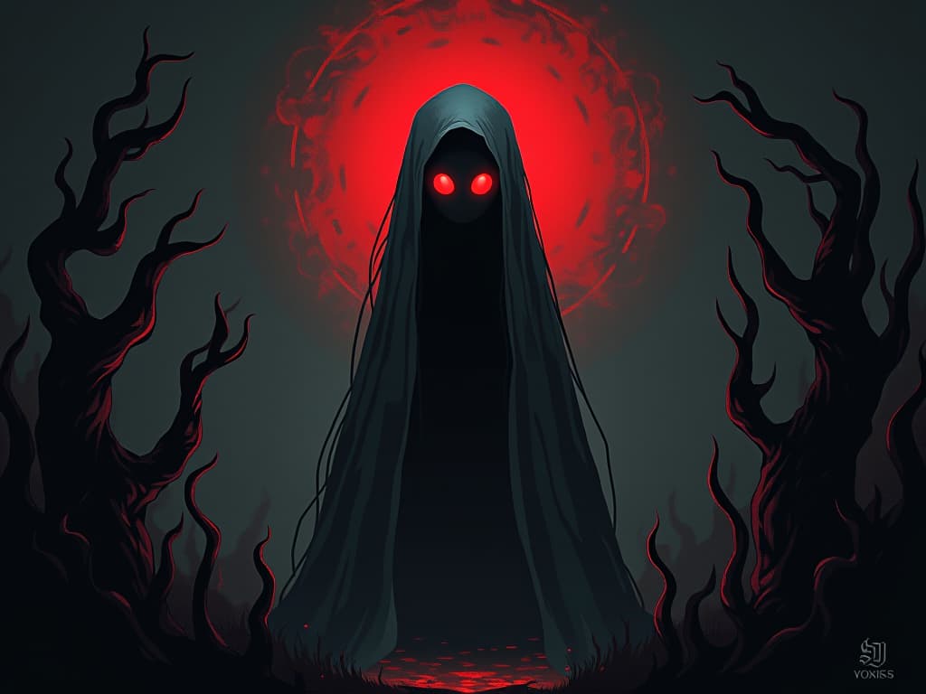  a ghostly figure with wide eyes, standing amidst dark vines that represent their wrongful actions, faint, sorrowful light casting shadows. the style is dark fantasy and mysterious occult, symbolic, moody lighting, esoteric vibe,high detail on character design. for the color scheme emphasize blacks and reds.