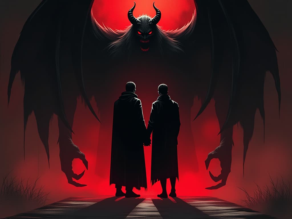  two figures standing close, shadows beginning to reveal one’s true monstrous form, palpable sense of betrayal. the style is digital art illustration / modern comic book / graphic dark novel fantasy and mysterious occult, symbolic, moody lighting, esoteric vibe,high detail on character design. for the color scheme emphasize blacks and reds.