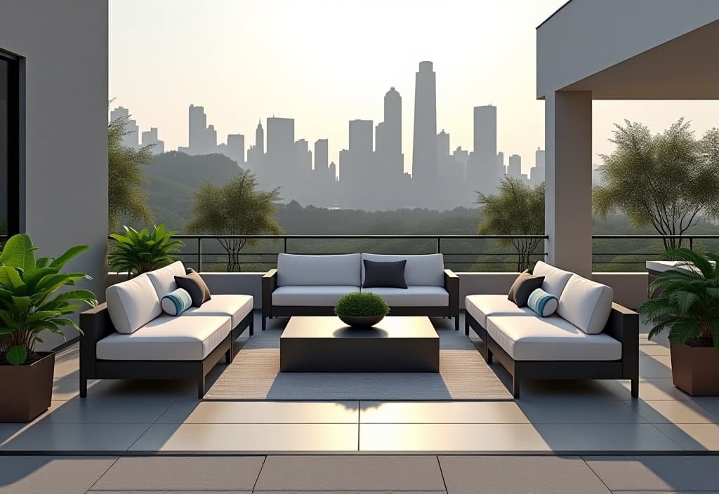  a landscape photo of a modern minimalist patio featuring clean lines, a monochromatic color scheme, sleek furniture, and geometric planters, with a city skyline in the background hyperrealistic, full body, detailed clothing, highly detailed, cinematic lighting, stunningly beautiful, intricate, sharp focus, f/1. 8, 85mm, (centered image composition), (professionally color graded), ((bright soft diffused light)), volumetric fog, trending on instagram, trending on tumblr, HDR 4K, 8K