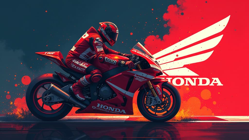  generate an image showcasing the challenges faced by honda in motogp. capture the essence of decline and struggle through a dramatic composition. include elements such as a honda logo, motogp racetrack, injured rider silhouette, technical components, and a sense of confusion and imbalance. use vibrant colors, dynamic lighting, and intricate details to convey the complexity of the situation. emphasize the impact of technical changes on performance and the quest for balance. ensure the visual dept