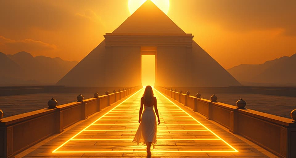  a radiant path leading to a grand temple, large busted female figure in sheer garments walking confidently, steps illuminated by divine light, symbolizing journey toward truth. the style is digital art illustration / modern comic book / mysterious occult, symbolic, esoteric vibe,high detail on character design, incorporating ancient egyptian symbology and attire.