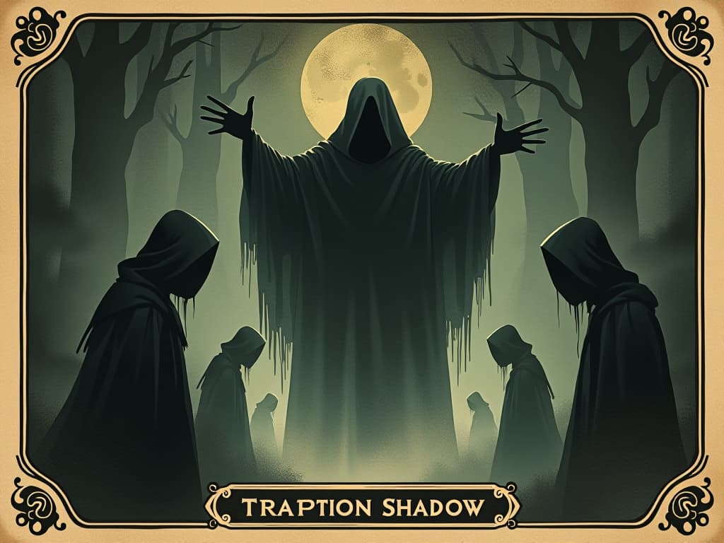  whispering shadows, barely discernible figures, tension, looming, enigmatic. an illustration in the style of a worn, mystical old tarot trump card, mysterious and elements of surrealism. the colors are muted, somber and eerie, but with contrast bring out an occult and esoteric vibe.