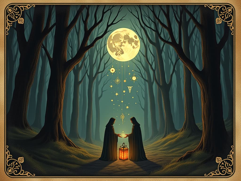  figures meeting in a dark forest under soft moonlight, luminous symbols floating around them, sense of divine gift, warmth and welcoming. an illustration in the style of a worn, mystical old tarot trump card, mysterious and elements of surrealism. the colors are muted, somber and eerie, but with contrast bring out an occult and esoteric vibe.