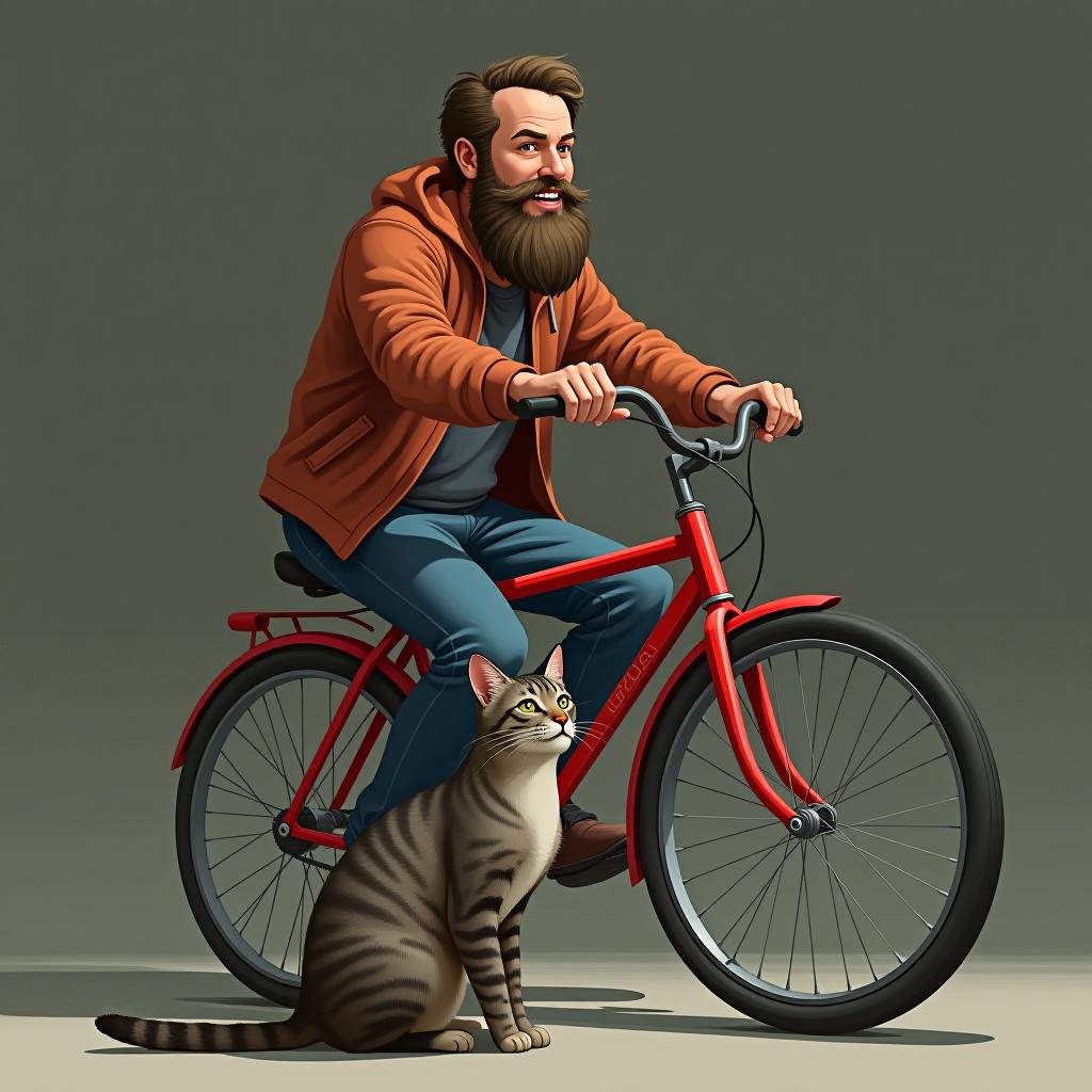  a man with a beard is riding a red bike, with a gray striped cat sitting in front of him. realistic style.