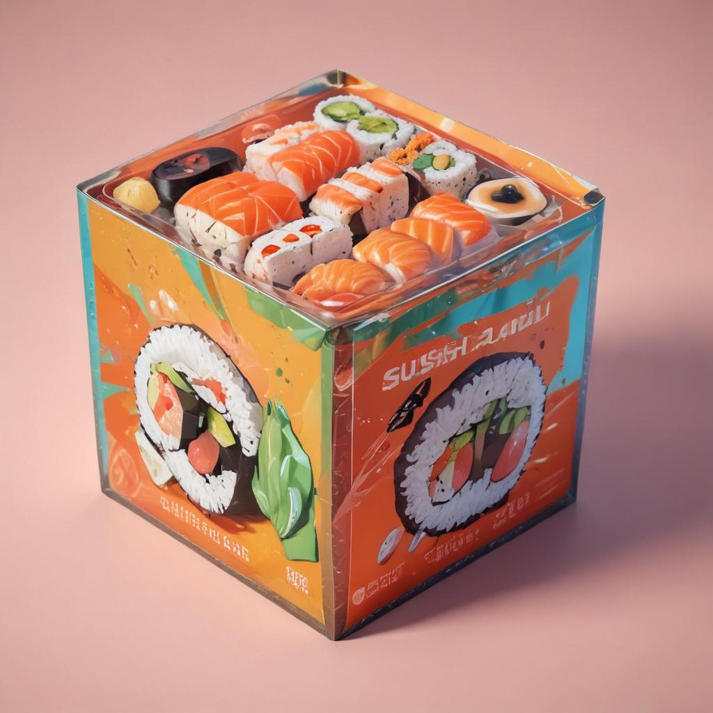 distance-shot, flashy, full-body, dynamic, holographic, animated cartoon poster of a take-out box of sushi in the style of dragon ball super