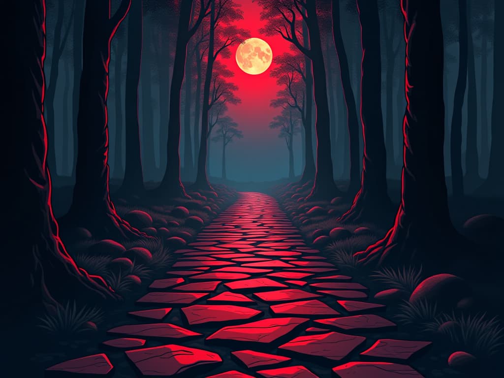  carved stone pathway, paved with red stones, leading through a forest, symbolizing personal growth journey. the style is digital art illustration / modern comic book / graphic dark novel fantasy and mysterious occult, symbolic, moody lighting, esoteric vibe,high detail on character design. for the color scheme emphasize blacks and reds.