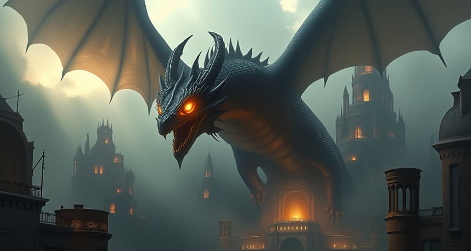  a powerful dragon with a gleaming eye, flying over an ancient, crumbling palace. atmosphere of persistent facade, sense of scapegoating.. the style is digital art illustration,highly detailed, whimsical,magical, dreamlike atmosphere, realism and fantasy blend, smooth, glossy textures,luminous quality, wonder and enchantment.