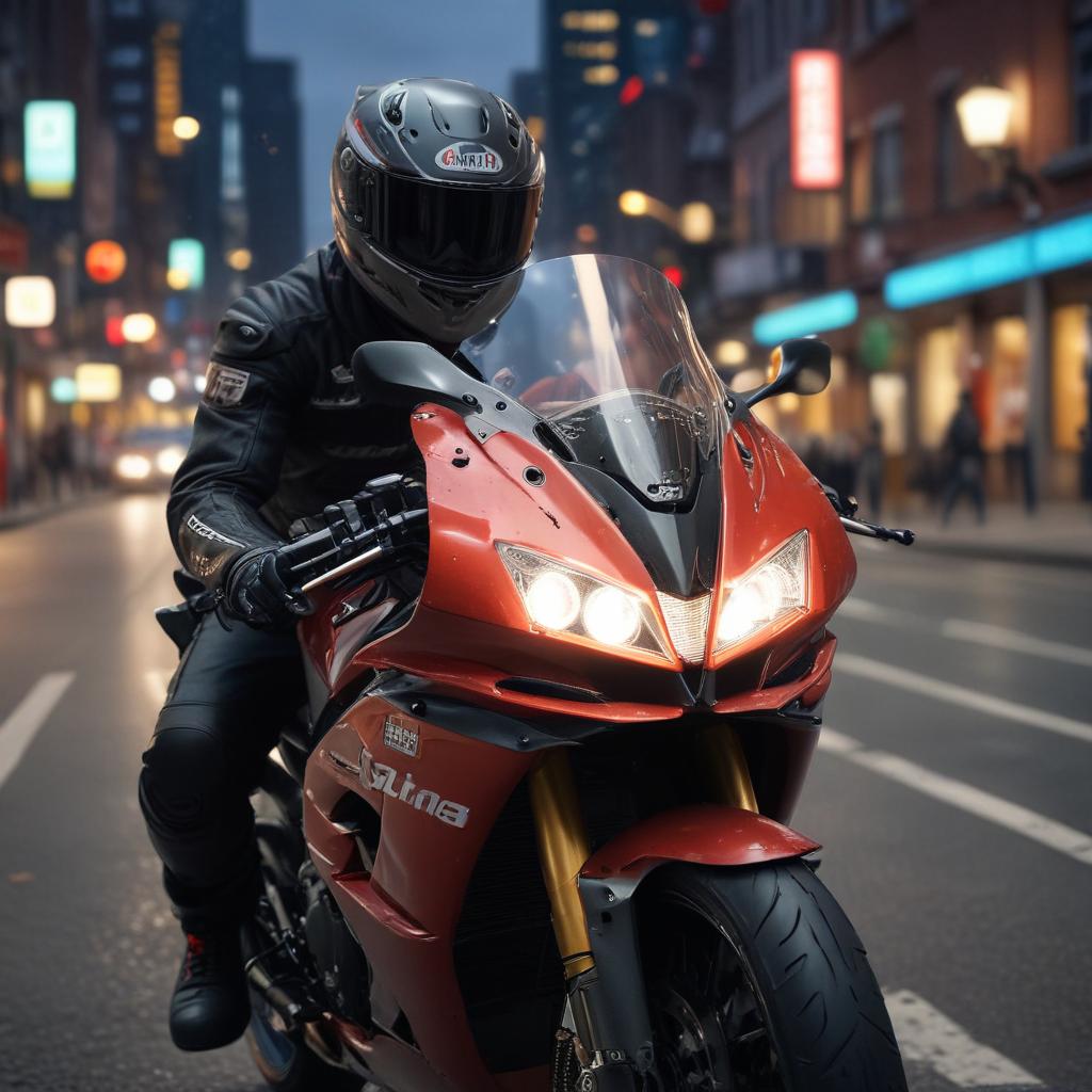 ((masterpiece)), (((best quality))), 8k, high detailed, ultra detailed, Rider wearing SHOEI X14 helmet on streets with Aprilia RSV4, helmet reflection in rearview mirror, vibrant cityscape in the background, dynamic motion blur effect on motorcycle, dramatic lighting highlighting the rider's silhouette hyperrealistic, full body, detailed clothing, highly detailed, cinematic lighting, stunningly beautiful, intricate, sharp focus, f/1. 8, 85mm, (centered image composition), (professionally color graded), ((bright soft diffused light)), volumetric fog, trending on instagram, trending on tumblr, HDR 4K, 8K