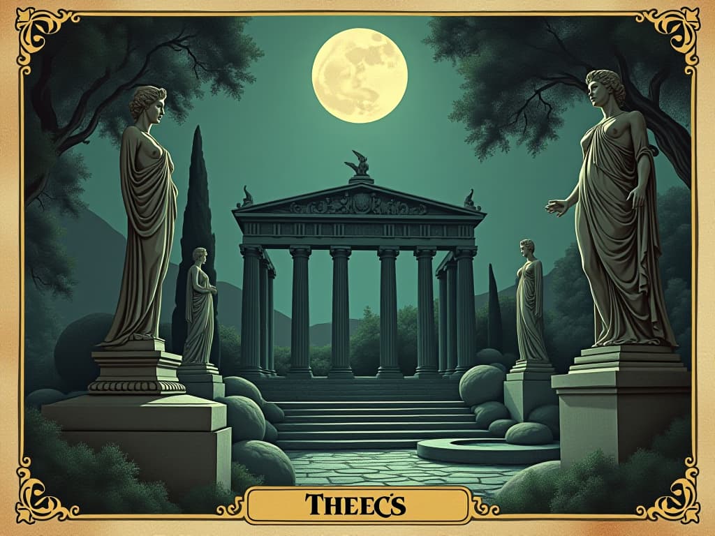  ancient greek amphitheater under moonlight, marble statues of muses, greenery overtaking structures, sense of history, mystical energy, serene. an illustration in the style of a worn, mystical old tarot trump card, mysterious and elements of surrealism. the colors are muted, somber and eerie, but with contrast bring out an occult and esoteric vibe.