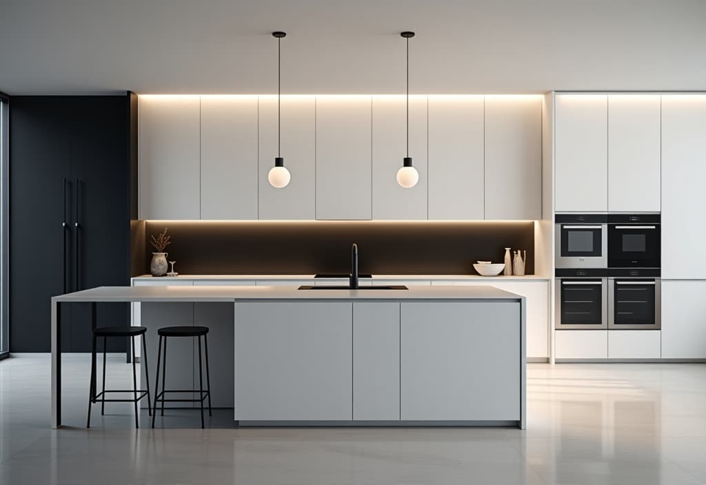  a landscape photo of a sleek contemporary kitchen with a large island, minimalist white cabinetry, and a dramatic black accent wall, featuring pendant lighting and stainless steel appliances hyperrealistic, full body, detailed clothing, highly detailed, cinematic lighting, stunningly beautiful, intricate, sharp focus, f/1. 8, 85mm, (centered image composition), (professionally color graded), ((bright soft diffused light)), volumetric fog, trending on instagram, trending on tumblr, HDR 4K, 8K