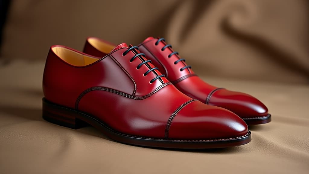  pair of red leather mens shoes on calfskin.