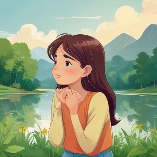 Girl thinking in Cartoon style with Nature background