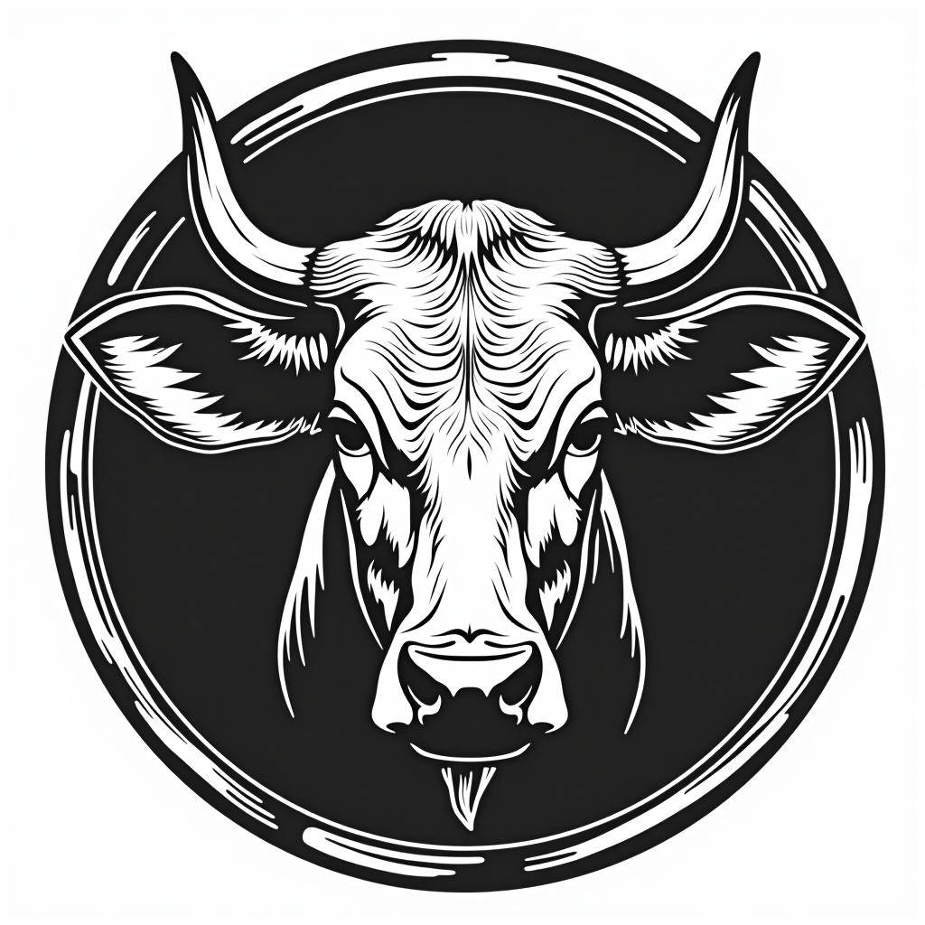  cow head, zoo, cseri zoo farm, circle , (logo:1.15), black and white, hq, hightly detailed, 4k