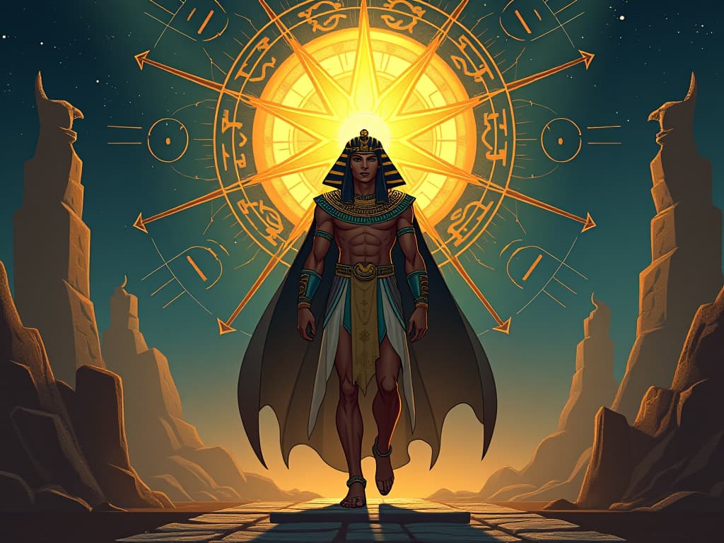  grand orb of light, surrounded by celestial symbols, illuminating the whole scene, powerful and divine. the style is digital art illustration / modern comic book / mysterious occult, symbolic, esoteric vibe,high detail on character design, incorporating ancient egyptian symbology and attire.