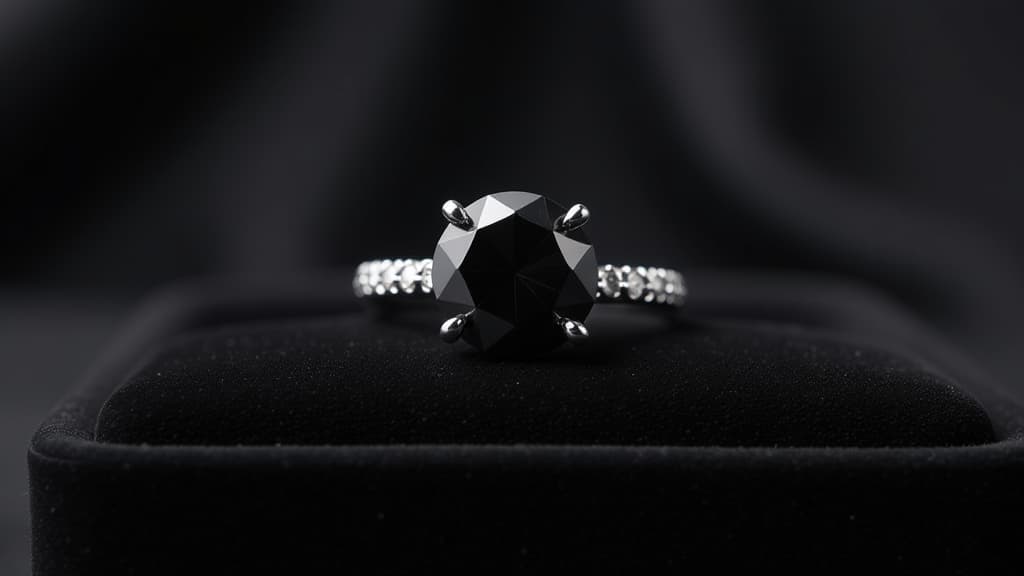  create an image with the following specifications: main subject: description: a stunning black diamond solitaire engagement ring. style: modern and elegant. setting: location: on a luxurious black velvet jewelry display. composition: framing: close up shot, ring centered, occupying about 60% of the frame. style: art movement: contemporary minimalism. technique: high contrast studio photography. atmosphere: mood: sophisticated and mysterious. color palette: dominant colors: black, silver, white. mood: dramatic and elegant. details: foreground: the black diamond ring with its intricate setting. background: soft focus black velvet, creating depth and luxury. technical specs: aspect ratio: 4:3. negative prompt: avoid: text, hands, mult hyperrealistic, full body, detailed clothing, highly detailed, cinematic lighting, stunningly beautiful, intricate, sharp focus, f/1. 8, 85mm, (centered image composition), (professionally color graded), ((bright soft diffused light)), volumetric fog, trending on instagram, trending on tumblr, HDR 4K, 8K