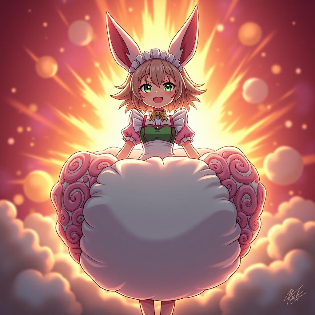  a massive explosion of colorful chaos erupts on screen, set against a deep crimson background that gradually transitions to a warm orange hue towards the top. a striking anime furry maid, with short, spiky fur resembling a rabbit's, stands center frame, her bright pink ears perked up with excitement. her piercing green eyes sparkle with mischief as she wears a fluid, flowing maid costume adorned with intricate, swirling patterns that shift and shimmer in the light. the focal point, however, is the colossal diaper she wears, now inflated to an astonishing ten meters in diameter, its soft, fluffy texture resembling a giant marshmallow. the diaper's puffed up surface is flecked with tiny, shimmering silver dots, emitting a gentle, pulsing glow