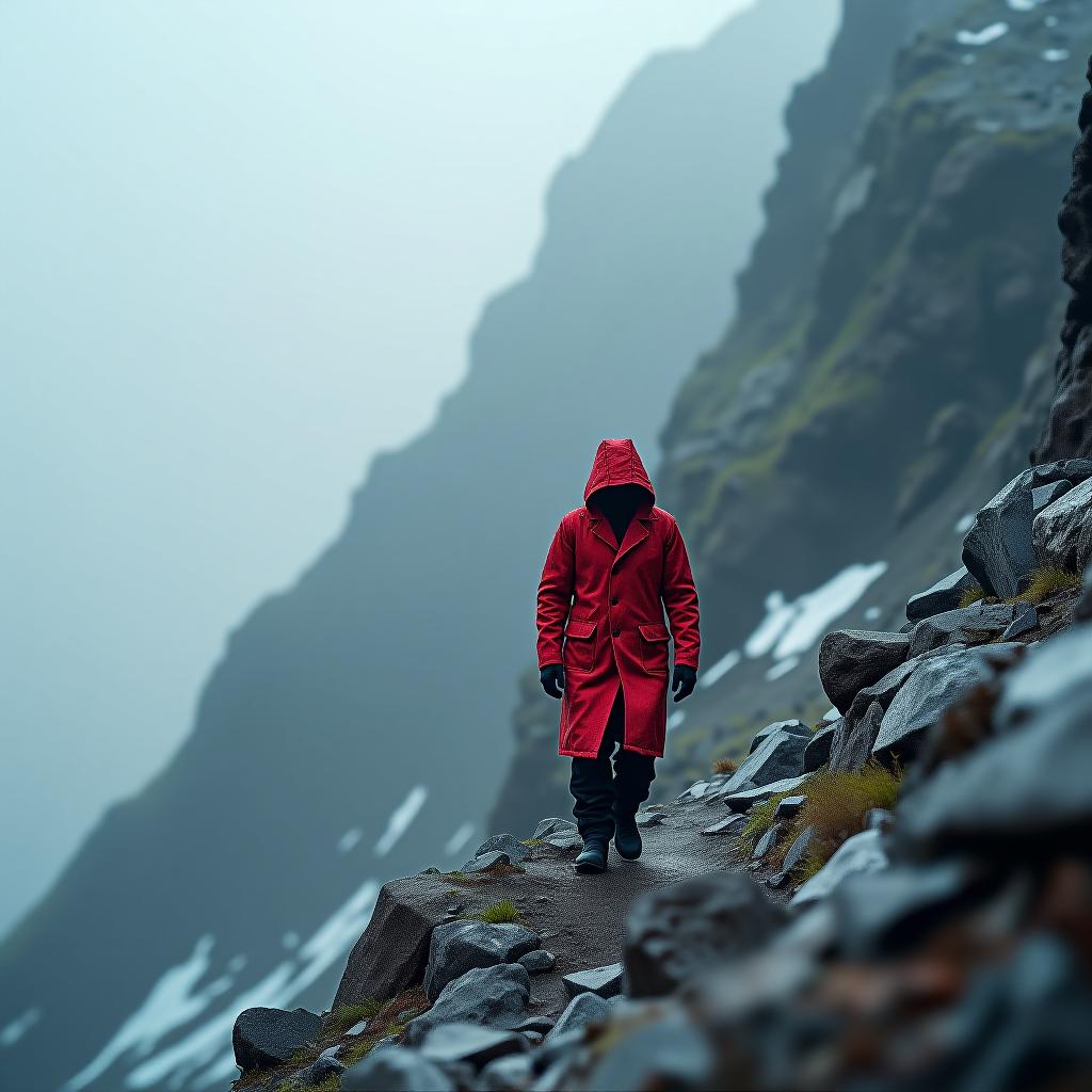  hyperrealistic art a black salad in a red coat heading up to a steep mountain under severe weather conditions is the wind of rain fog . extremely high resolution details, photographic, realism pushed to extreme, fine texture, incredibly lifelike hyperrealistic, full body, detailed clothing, highly detailed, cinematic lighting, stunningly beautiful, intricate, sharp focus, f/1. 8, 85mm, (centered image composition), (professionally color graded), ((bright soft diffused light)), volumetric fog, trending on instagram, trending on tumblr, HDR 4K, 8K