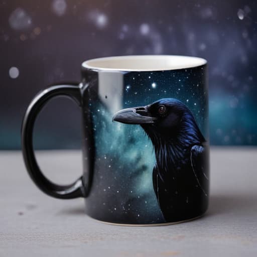 Coffee mug with Raven for Etsy shop in Macro Photography style with Space background