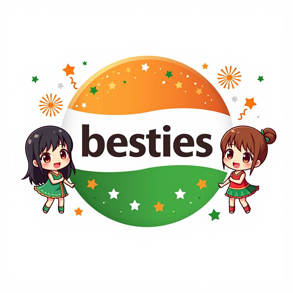  design a festive and cute profile picture logo for a group named 'besties' to celete independence day in india, with an anime aesthetic. the logo should feature vint colors from the indian flag (saffron, white, and green) and include anime style ilrations of a cute and in the corners. they should be dressed in traditional indian attire or holding small flags. the central part of the logo should display 'besties' in a , anime inspired font. add anime style independence day elements, such as stylized fireworks or the ashoka chakra, to enhance the festive mood. the overall design should be charming, colorful, and full of celetory spirit.