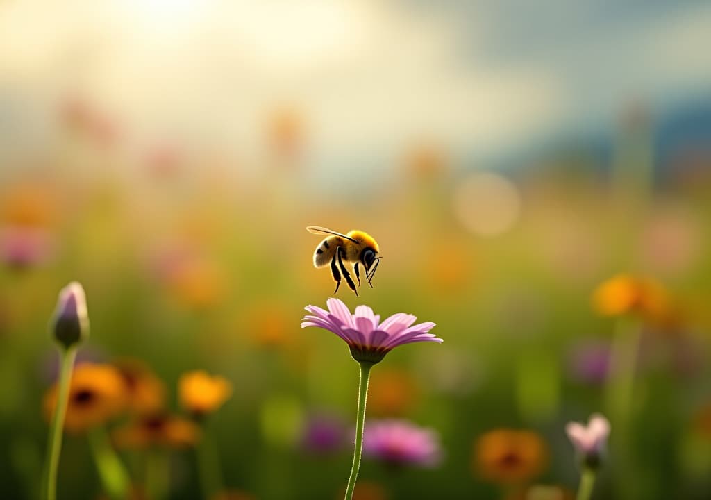  a serene meadow filled with vibrant wildflowers, sunlight streaming through soft clouds, showcasing a close up of a bumblebee hovering gracefully over a delicate blossom, symbolizing harmony and spiritual connection in nature. hyperrealistic, full body, detailed clothing, highly detailed, cinematic lighting, stunningly beautiful, intricate, sharp focus, f/1. 8, 85mm, (centered image composition), (professionally color graded), ((bright soft diffused light)), volumetric fog, trending on instagram, trending on tumblr, HDR 4K, 8K