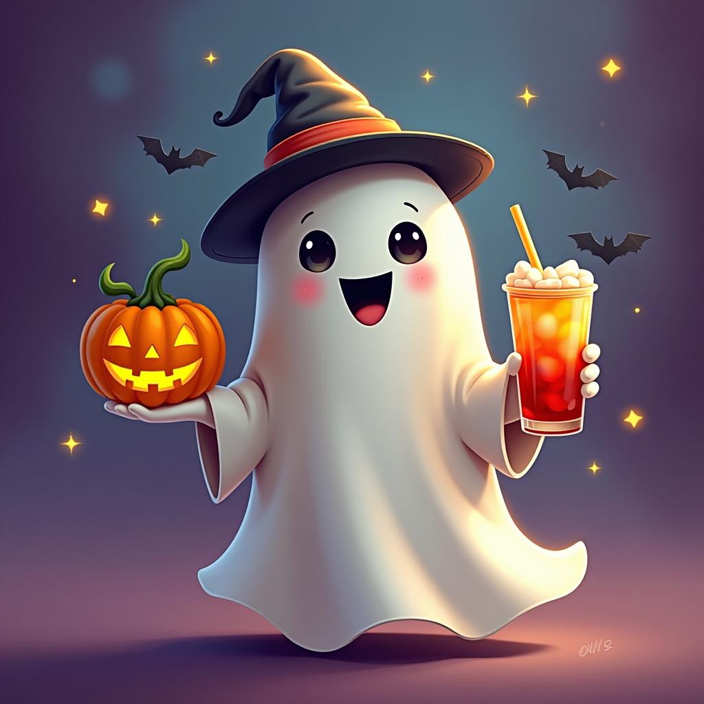  create a digital painting featuring a cute ghost character. the ghost should be wearing a hat. in one hand, the ghost should hold a pumpkin with a carved face, and in the other hand, a halloween themed drink. the background should be colorfull and include small black bats and stars to add a playful halloween touch. the overall style should be cute, whimsical, and colorful hyperrealistic, full body, detailed clothing, highly detailed, cinematic lighting, stunningly beautiful, intricate, sharp focus, f/1. 8, 85mm, (centered image composition), (professionally color graded), ((bright soft diffused light)), volumetric fog, trending on instagram, trending on tumblr, HDR 4K, 8K