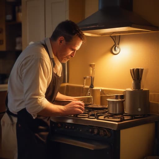 A photo of a skilled repair technician meticulously adjusting the wiring of a vintage stove in a cozy kitchen during early evening with warm, soft ambient lighting casting a golden glow over the scene.