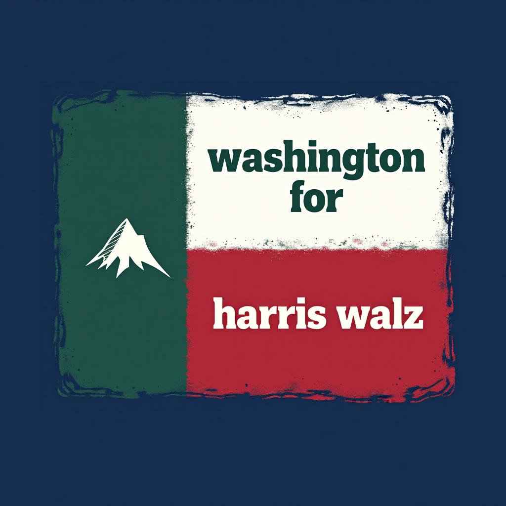  a tshirt design inspired by the washington state flag. the left side features a green vertical stripe with a large mountain in the center. the right side is divided into two horizontal sections: the top section is white with the text 'washington for' in bold, green, uppercase letters, and the bottom section is red with the text 'harris walz' in bold, white, uppercase letters. the overall layout is clean and straightforward, with a clear and patriotic color scheme of blue, white, and red.