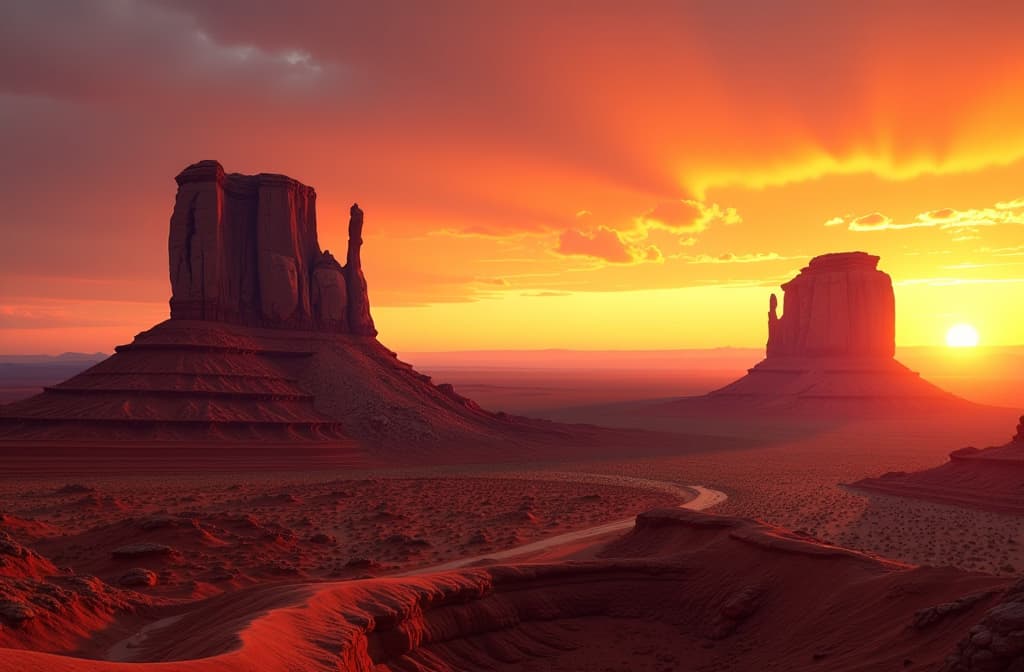  in the fading light of a desert sunset, towering rock formations in monument valley, spanning arizona and utah, stand majestically. the brilliant yellow orange sky serves as a stunning backdrop, enhancing the beauty of the scene. this breathtaking photograph captures the striking contrast between the vibrant sky and the rugged, ancient rock formations. each detail is rendered in exquisite detail, making the image truly lifelike and mesmerizing. the high quality of the composition and the vivid colors combine to create a truly spectacular and immersive viewing experience. hyperrealistic, full body, detailed clothing, highly detailed, cinematic lighting, stunningly beautiful, intricate, sharp focus, f/1. 8, 85mm, (centered image composition), (professionally color graded), ((bright soft diffused light)), volumetric fog, trending on instagram, trending on tumblr, HDR 4K, 8K