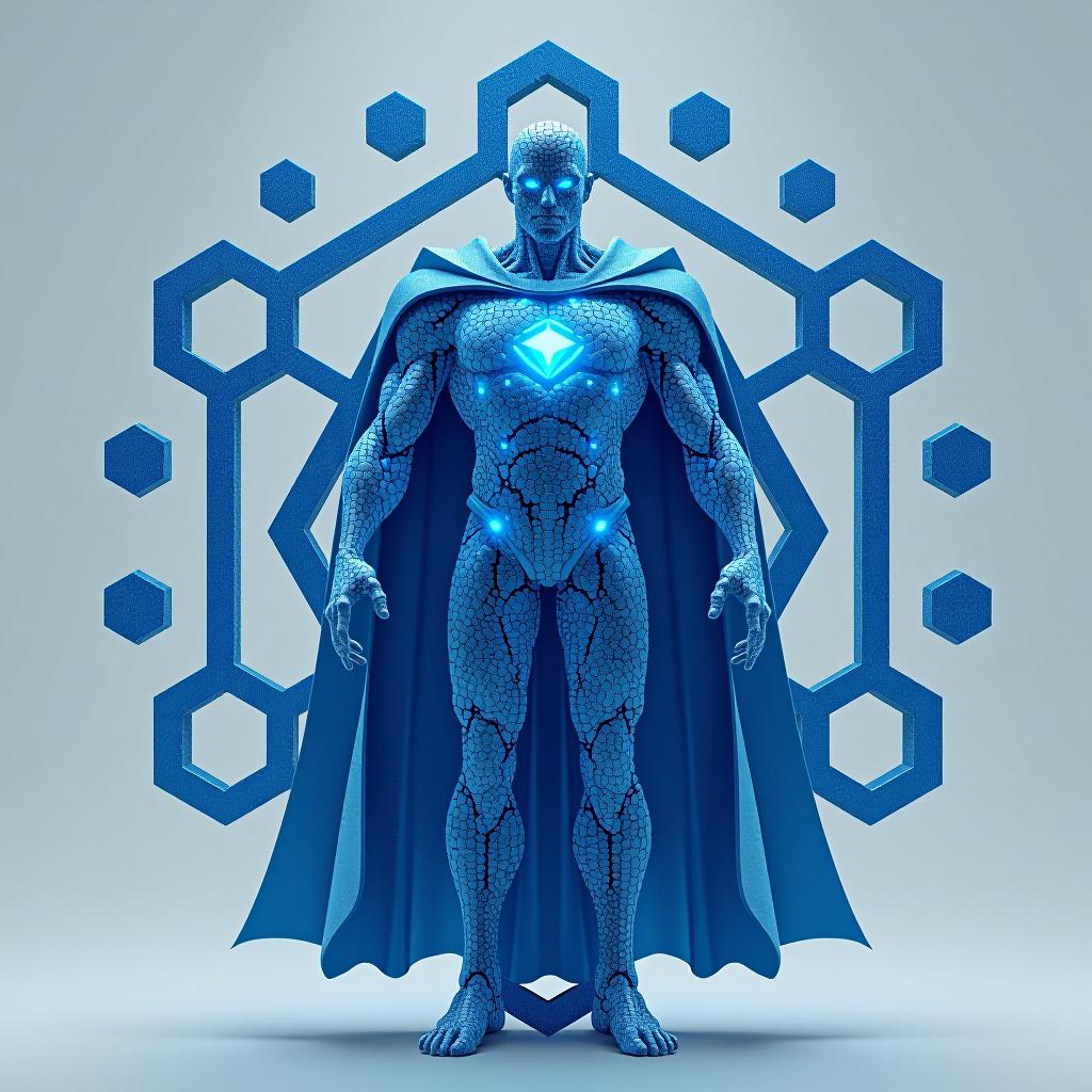  make a surperheo for the bio molecule, carbohydrate, use the hexagon symbol for his main symbol, his powers are energy provider and has strength and make it blue and have a cape, with no mask. photo realistic, highly intricate and detailed, masterpiece, ultra high res,photography,8k resolution