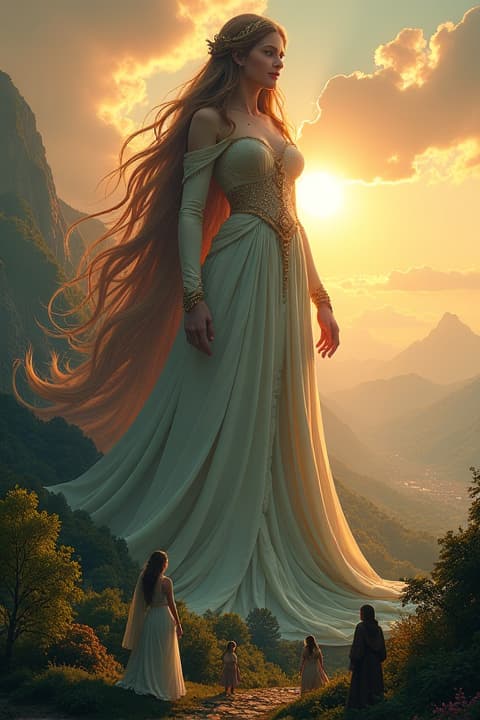  a colossal giantess towers over a lush, vibrant landscape, her long flowing hair cascading down like a waterfall. she gazes down with a gentle smile, her eyes sparkling with kindness. the scene captures her delicate features, adorned with intricate ornaments and a flowing gown that billows around her. below her, tiny villages and forests create a sense of scale, with people looking up in awe. the sun sets behind her, casting a warm golden light, highlighting the beauty and majesty of the giantess in a serene, magical atmosphere.