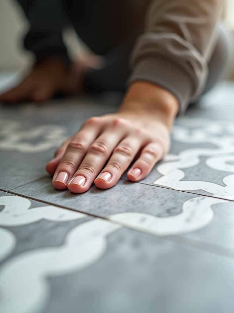  high quality portrait photo of a close up view of peel and stick vinyl tiles being applied to a kitchen floor, showcasing a modern geometric pattern in soft gray and white tones hyperrealistic, full body, detailed clothing, highly detailed, cinematic lighting, stunningly beautiful, intricate, sharp focus, f/1. 8, 85mm, (centered image composition), (professionally color graded), ((bright soft diffused light)), volumetric fog, trending on instagram, trending on tumblr, HDR 4K, 8K