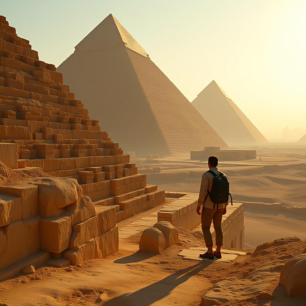  create a high quality, photorealistic image that vividly depicts the following scene: a close up of the pyramids with remnants of smooth limestone glinting in the harsh egyptian sun, the time scarred stone bearing witness to aeons of grandeur and decay. the nearby squeamish archaeologist, eyes wide in shock, hands tremulously reaching out to touch the past. hidden in the backdrop, the slowly encroaching, chaotic sprawl of modern civilization bearing down on the irrevocably timeless, landscape. captured with leica sl2, f/1.4, iso 200, 1/200s, 8k, raw, meticulously framed, untouched colour balance and contrast, 8k. the image should: focus on the specific actions, emotions, and elements described in the scene show detaile hyperrealistic, full body, detailed clothing, highly detailed, cinematic lighting, stunningly beautiful, intricate, sharp focus, f/1. 8, 85mm, (centered image composition), (professionally color graded), ((bright soft diffused light)), volumetric fog, trending on instagram, trending on tumblr, HDR 4K, 8K