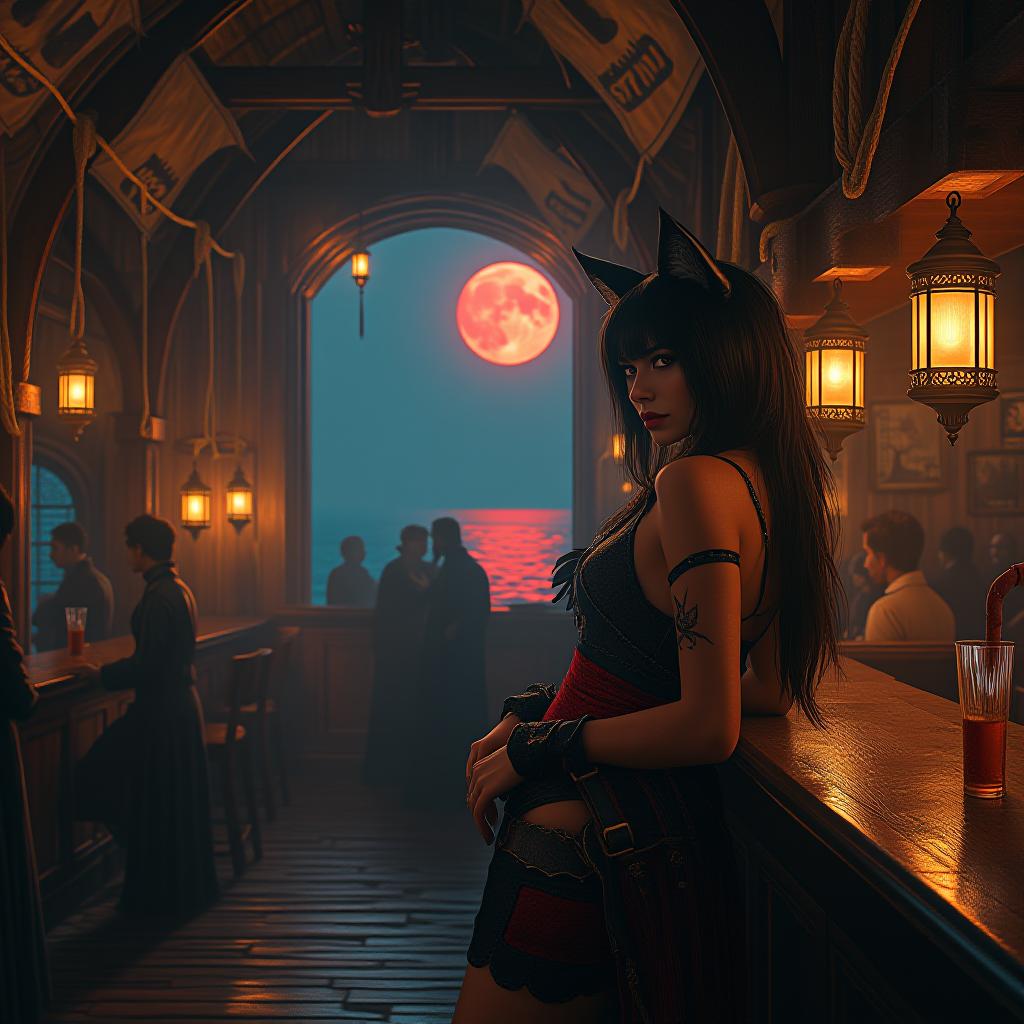  background: a bustling pirate tavern at dusk, filled with shadowy figures and flickering lanterns. ornate wooden beams arch overhead, adorned with tattered flags and swinging rope nets. through a large window, a blood red moon hangs low over a midnight blue sea. the scene is composed with diagonal leading lines from the bar to the window, creating depth. warm, dramatic chiaroscuro lighting from multiple lantern sources casts long shadows and highlights, emphasizing the mysterious and slightly dangerous mood. the color palette features rich golds from the lanterns, deep midnight blues of the sea, and crimson accents from the moon and flags. foreground: a fierce female pirate with sleek black cat ears leans against a polished bar, raising a c hyperrealistic, full body, detailed clothing, highly detailed, cinematic lighting, stunningly beautiful, intricate, sharp focus, f/1. 8, 85mm, (centered image composition), (professionally color graded), ((bright soft diffused light)), volumetric fog, trending on instagram, trending on tumblr, HDR 4K, 8K