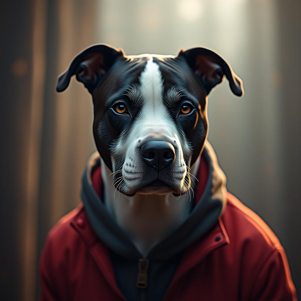  pitbull with small black and white spots hyperrealistic, full body, detailed clothing, highly detailed, cinematic lighting, stunningly beautiful, intricate, sharp focus, f/1. 8, 85mm, (centered image composition), (professionally color graded), ((bright soft diffused light)), volumetric fog, trending on instagram, trending on tumblr, HDR 4K, 8K