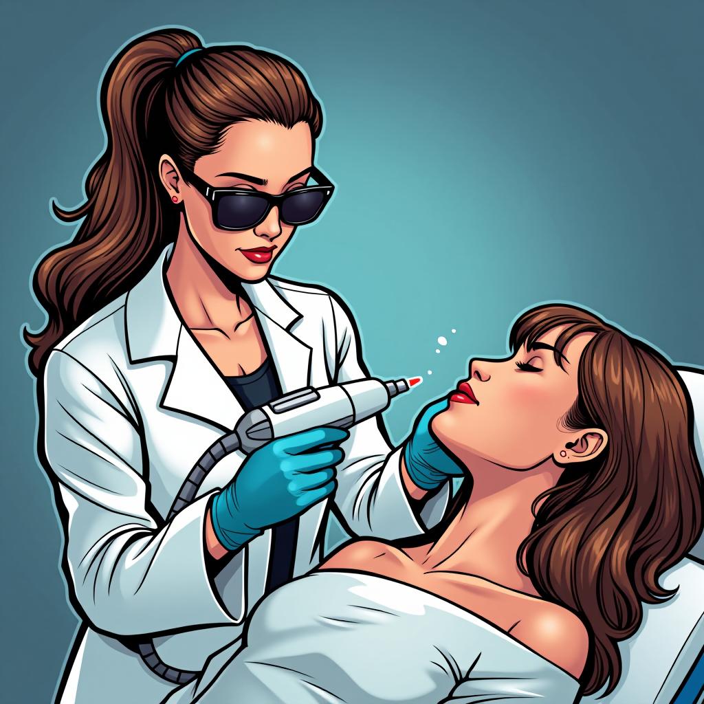  a girl in a white lab coat and dark sunglasses is performing laser hair removal on another girl. create it in the style of a marvel comic.