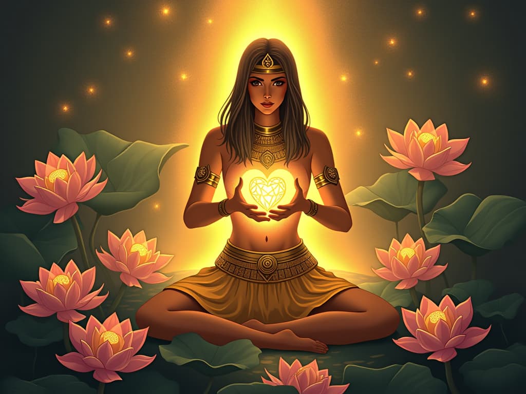  a radiant golden heart, surrounded by soft, ethereal light, pulsating with energy, nestled among blooming lotus flowers, symbolizing nurturing and emotional healing. the style is digital art illustration / modern comic book / mysterious occult, symbolic, esoteric vibe,high detail on character design, incorporating ancient egyptian symbology and attire.