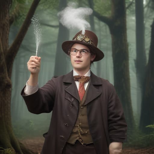 A young wizard waves his wand to create a shower of Tuna in Steampunk style with Forests background