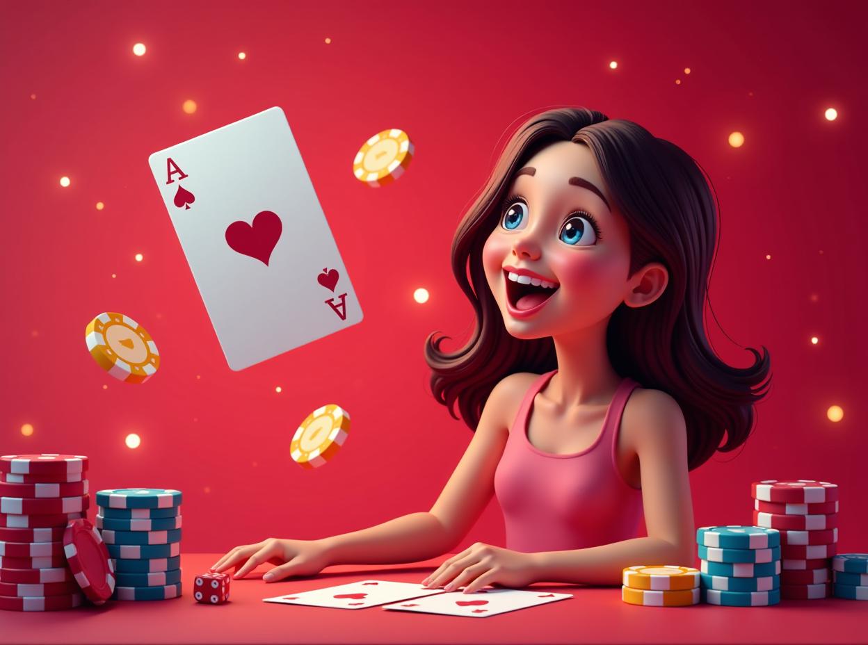  a casino theme with a floating big lottery, cards, dice and casino chips as background infront is happy girl because she won a lottery on a red background with a stream of lights and a neon colored background, andries stock, incoherents, highly detailed digital art, computer graphics, cartoonish, banner, plain background, high quality, high details, hd, perfect composition, 4k epic detailed, highly detailed, sharp focus, high resolution