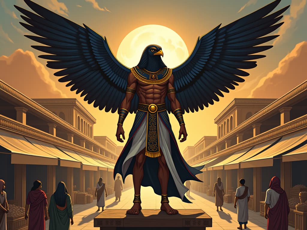  falcon headed god horus, wings wide open, overseeing a bustling egyptian marketplace, powerful and guiding. the style is digital art illustration / modern comic book / mysterious occult, symbolic, esoteric vibe,high detail on character design, incorporating ancient egyptian symbology and attire.