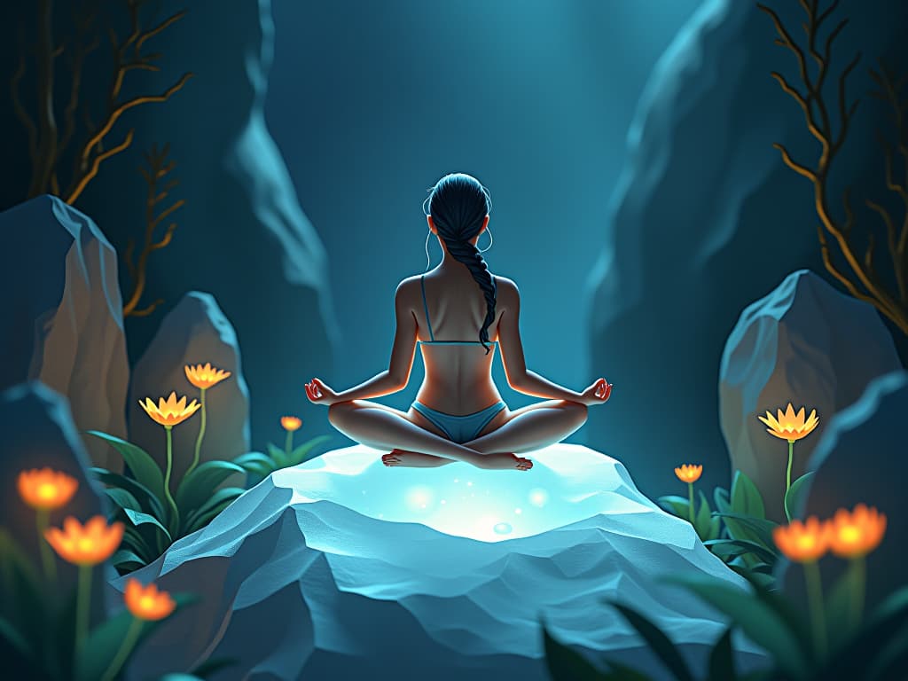  an ethereal figure sitting cross legged on a luminous rock, surrounded by bioluminescent plants. focused, calm, meditative.. the style is digital art illustration,highly detailed, whimsical,magical, dreamlike atmosphere, realism and fantasy blend, smooth, glossy textures,luminous quality, wonder and enchantment.