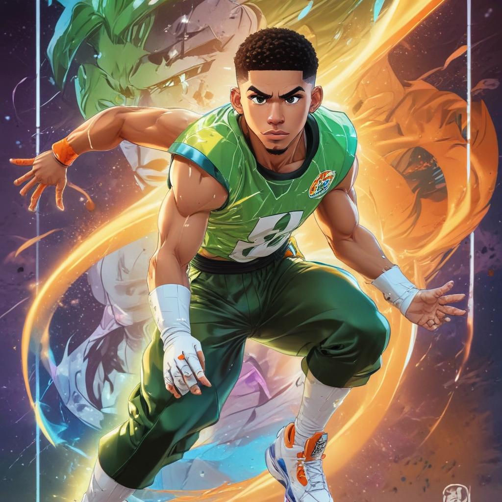 distance-shot, flashy, full-body, dynamic, holographic, animated cartoon poster of jayson tatum in the style of dragon ball super